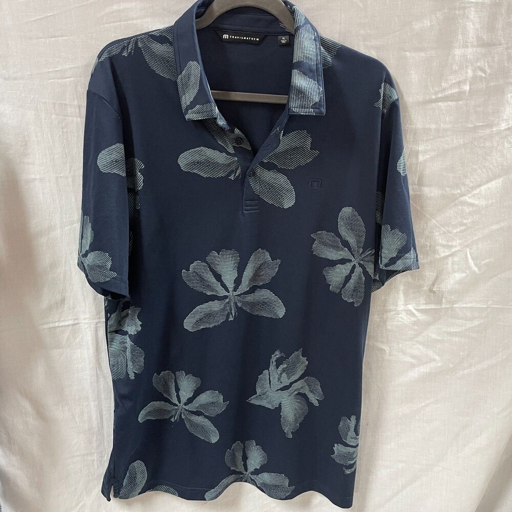 Travis Mathew Golf Polo Shirt Blue Floral Print Size XL